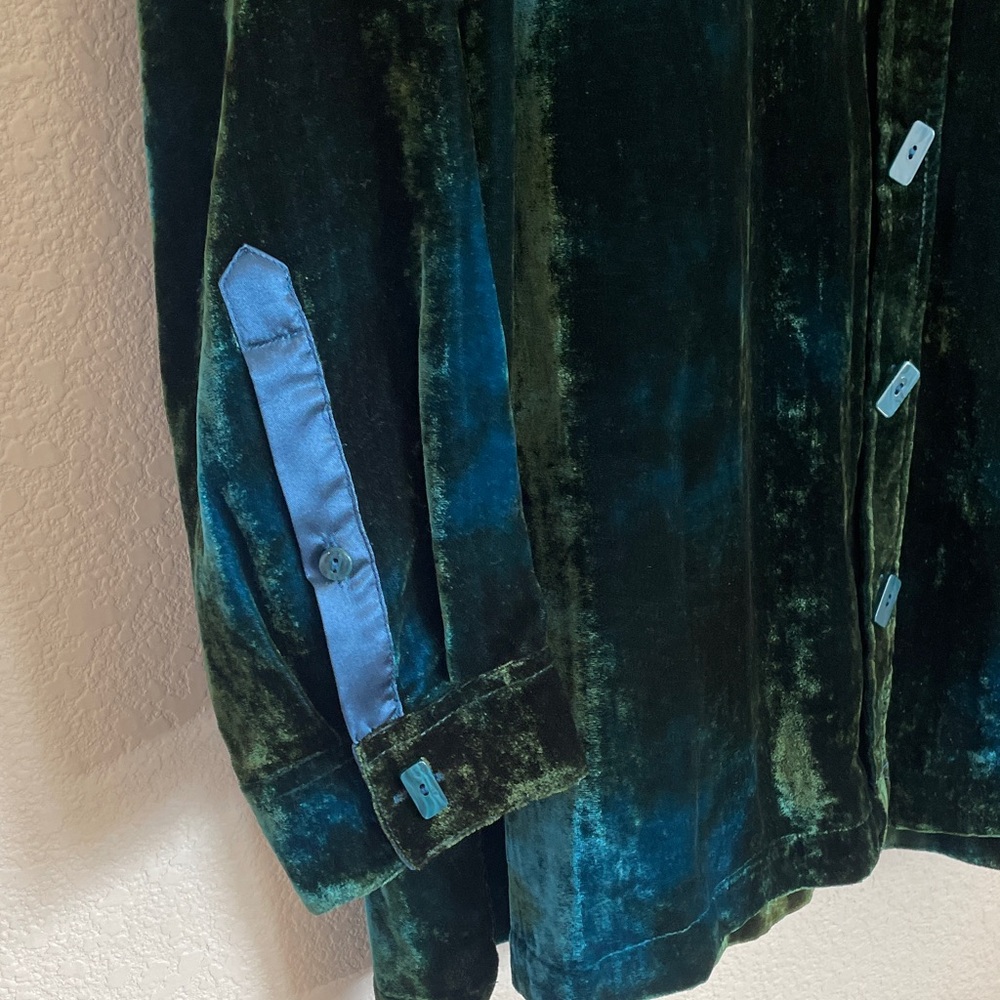 John Mark Velvet Button-Down Shirt XL in Blue & Dark Green Burnout Artsy Velour - Picture 4 of 10